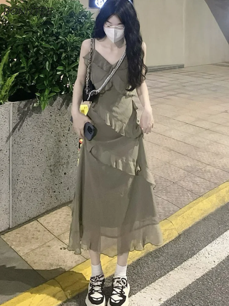 

Dresses Women Ruffles Design Daily Pure Sexy Spaghetti Strap Elegant Casual Korean Style Retro Summer Ladies Midi Vestidos Chic