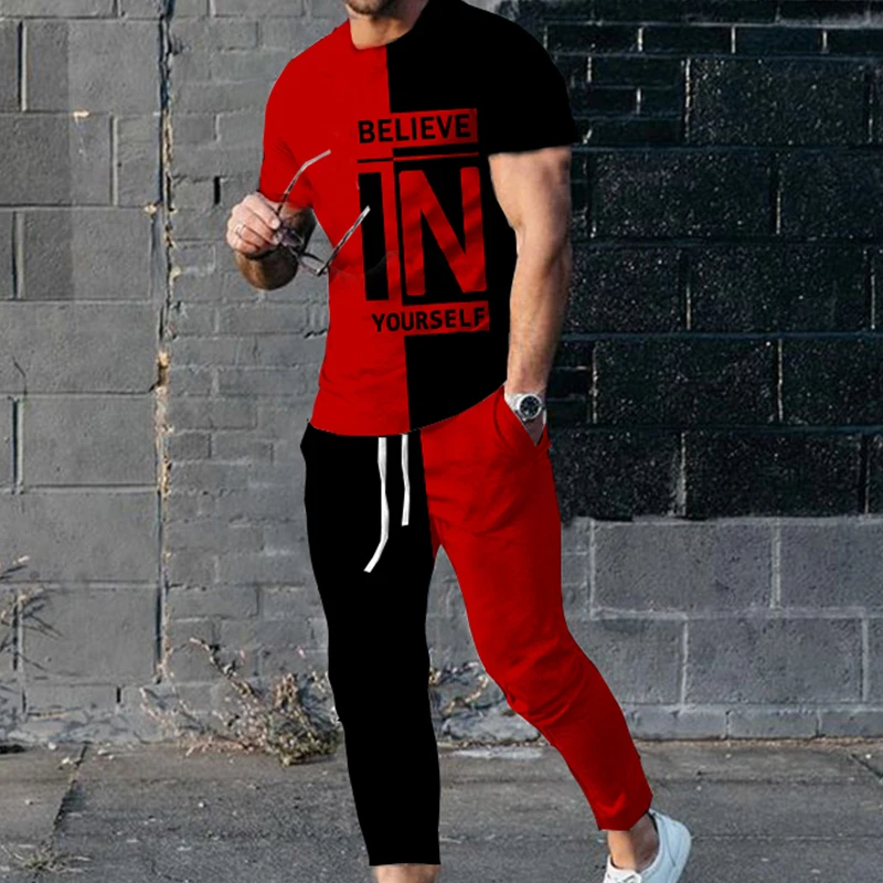 3D Printed Casual Oversized Clothes Summer Sportwear Sets Short Sleeve Tees Trousers Men 2 Piece Suit Men Long Pants Tracksuit