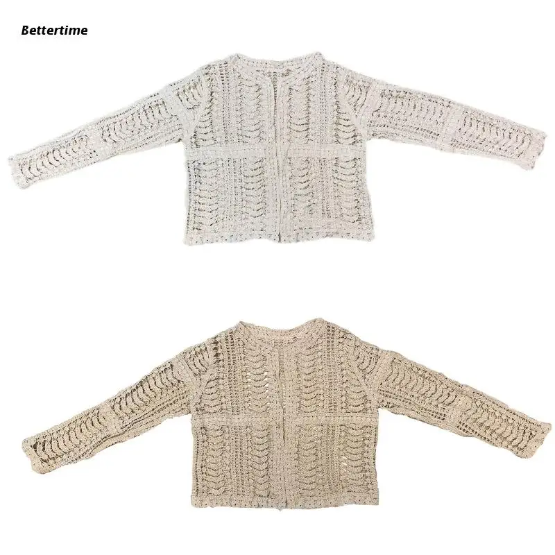 

Женский этнический вязаный крючком кардиган B36D, Свободный укороченный Кардиган с длинным рукавом, куртка с открытой передней частью