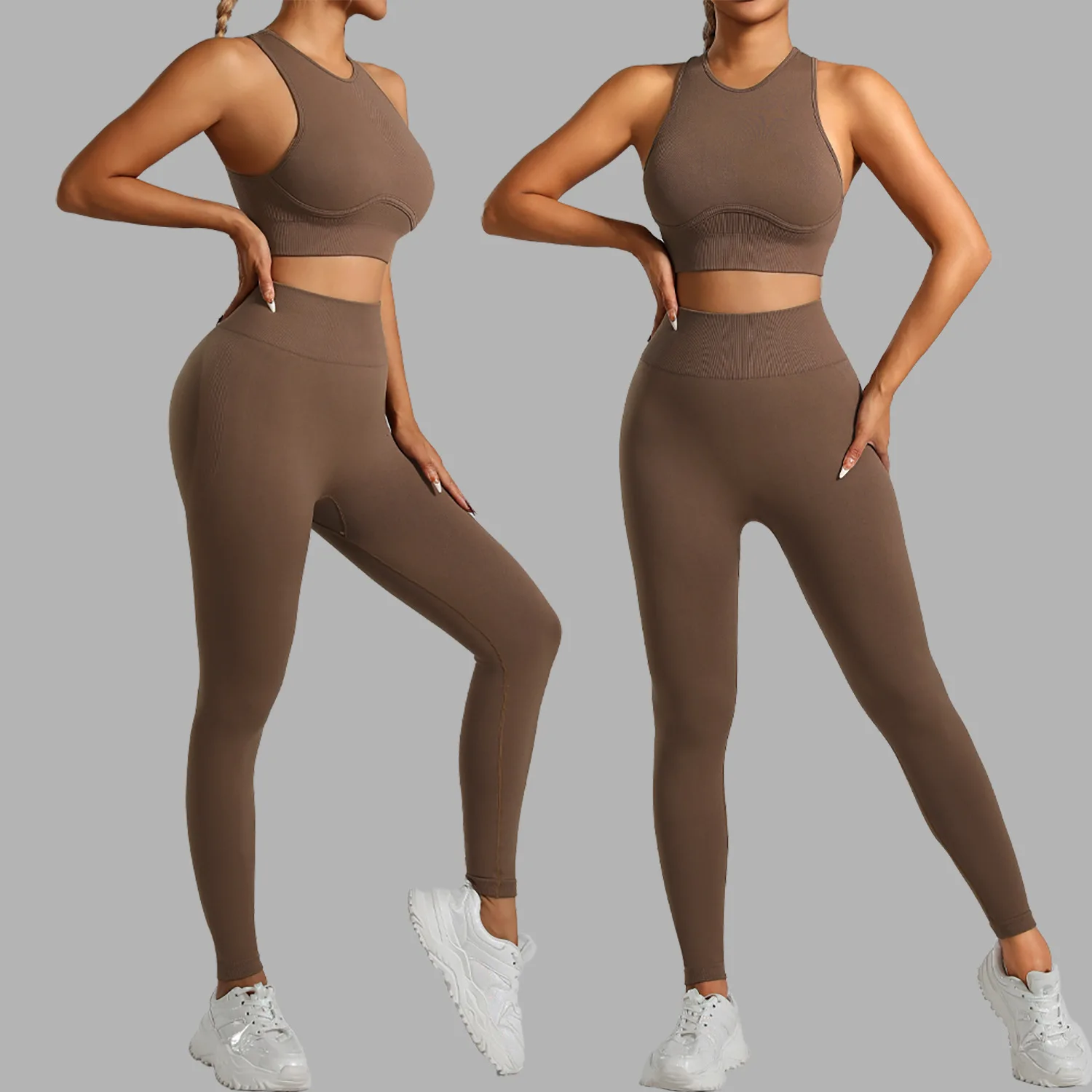 Фото Ribbed Workout Clothes for Women Yoga Set Fitness Gym Outifts 2 Pieces Vest Sport Suit Tracksuit Sport Leggings Set Active Wear №4