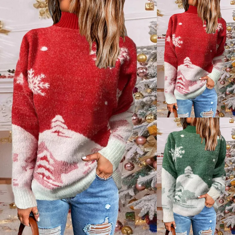 

2022 New Christmas Sweater Turtleneck Long Sleeve Pullover Women's Top Jacket Plus Size Sweaters Knitwear Winter Clothes Women