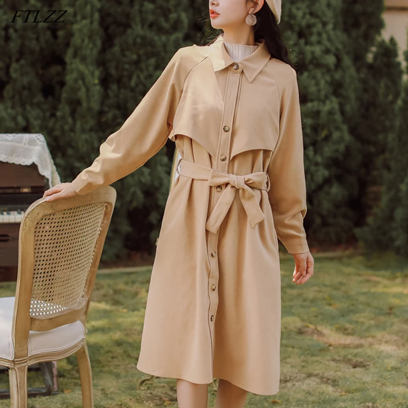 

FTLZZ 2022 New Spring Autumn Women Single Breasted Long Trench Coat with Belt Streetwear Female Loose Khaki Windbreaker Outwear