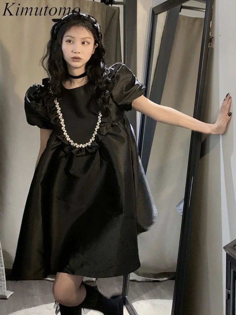 

Kimutomo Vintage Fungus Stitching Loose Dress Woman Elegant Round Neck Puff Sleeve A-line Dresses Korean Ins Fashion Summer 2022