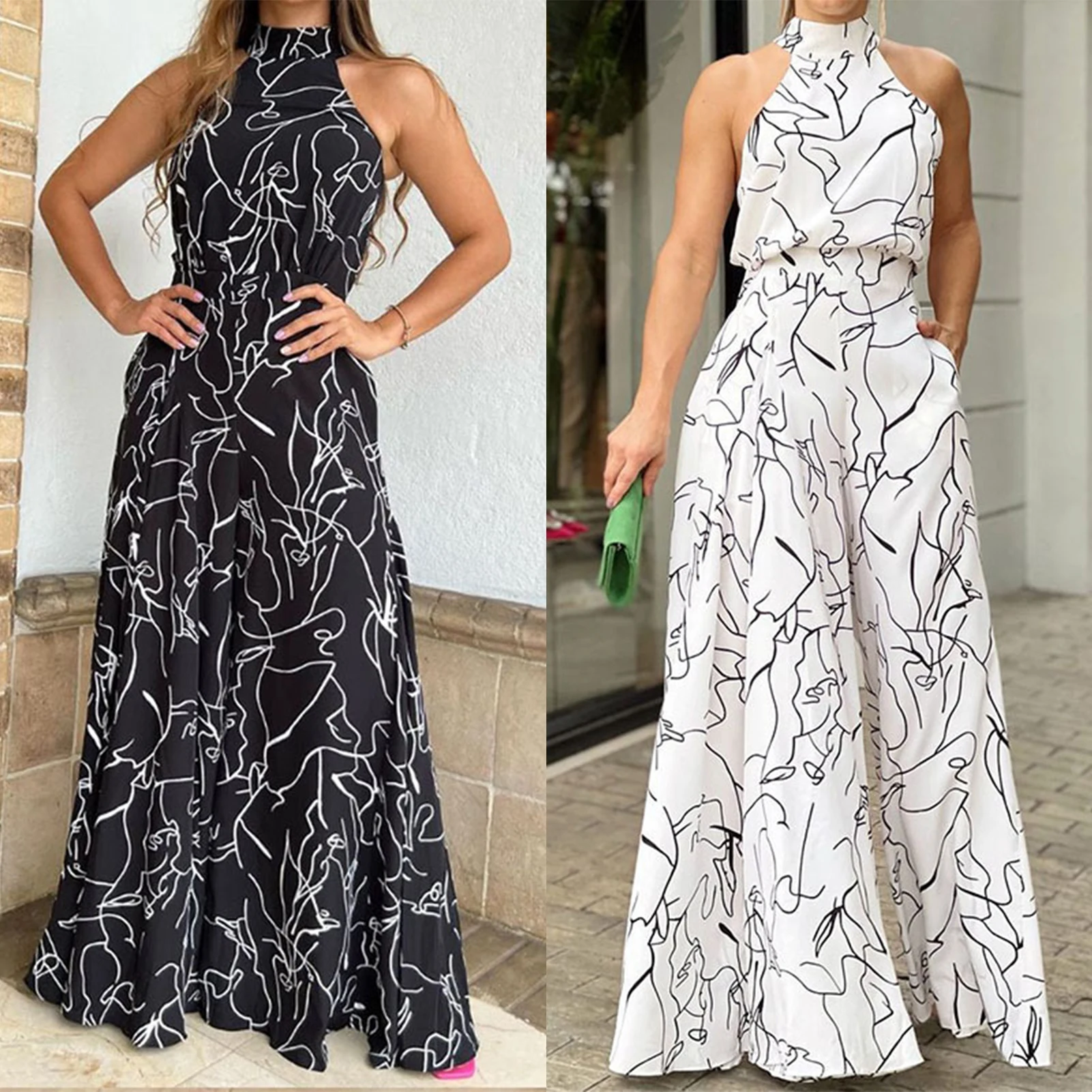 

Женские комбинезоны с широкими штанинами, цельные комбинезоны с воротником хомутом и художественным принтом, модные простые пляжные Комбинезоны на шнуровке с открытыми плечами