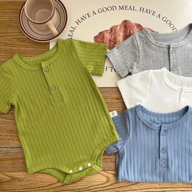 

2023 Summer Baby Romper 0-2Years Newborn Boy Girl Solid Color Short Sleeve O-Neck Ribbed Cotton Bodysuit Playsuit Outfit Clothes