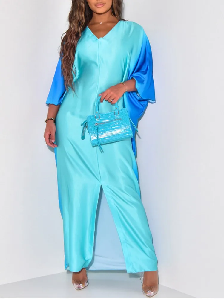 

Женское длинное платье до щиколотки, элегантное платье с глубоким V-образным вырезом и рукавом «летучая мышь» с разрезом спереди, лето 2023