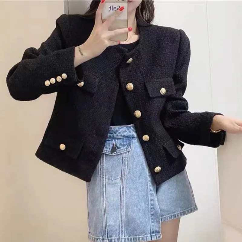 

High Quality Small Fragrance Vintage Tweed Jacket Coat Women Autumn Winter Short Coats Korean Fashion Casual Outwear Crop Top