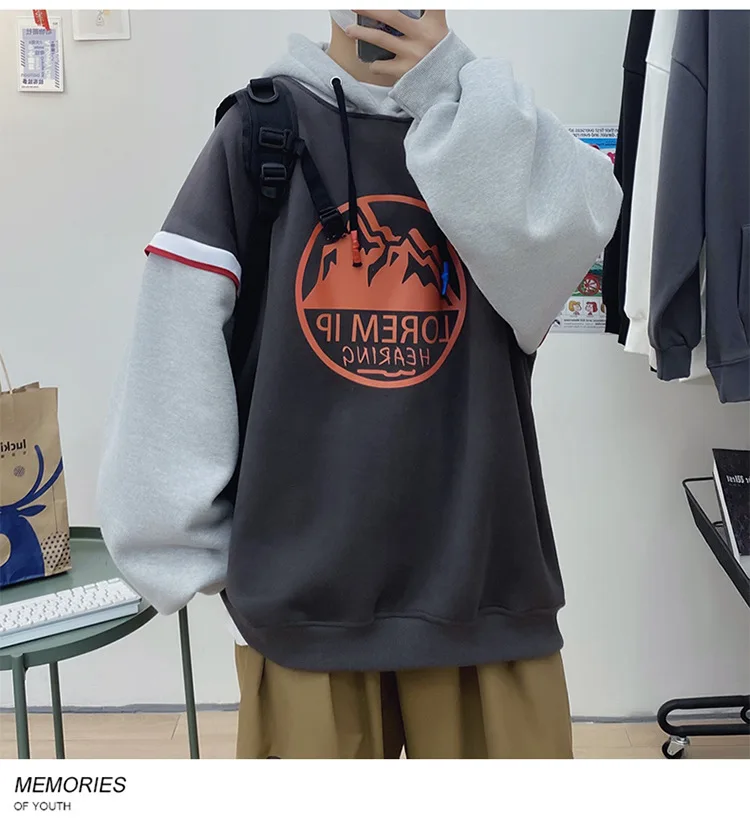 

Funny Red Mountain Doodle Print Long Sleeve Women Men Hoodies Fashion Winter Casual Korean Fake Two Pieces Hooded Sweatshirts