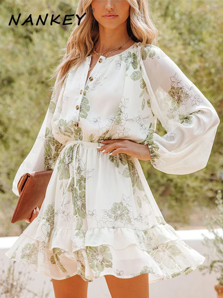 

NANKEY Women Ruffles Floral Print Summer Dress Casual Drawstring Long Sleeve Button A-Line Chiffon Dress Elegant Party Vestidos