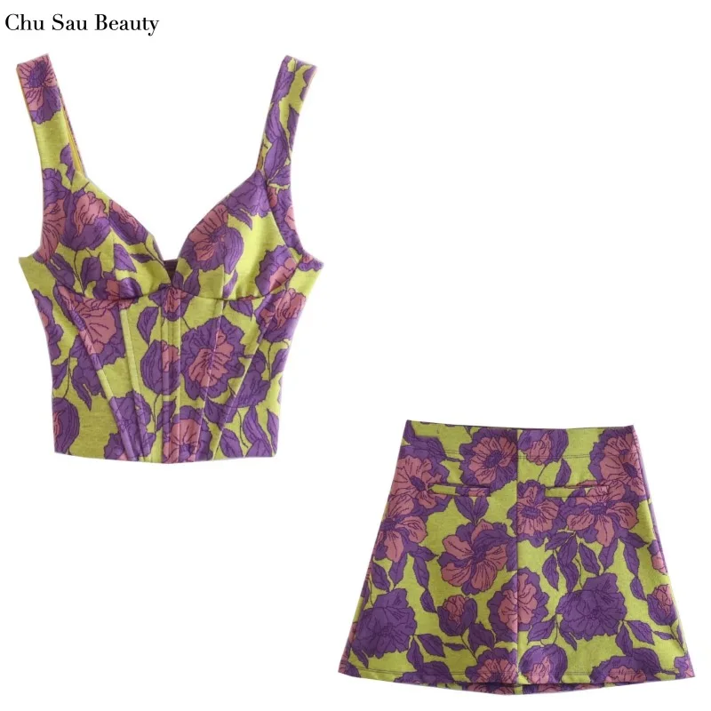 

2022 New Women Printed Knit Tops Mini Skirts Fashion Sexy Slim Fit Knit Vests High Waist Hips A-Line Skirts Chic Street Style