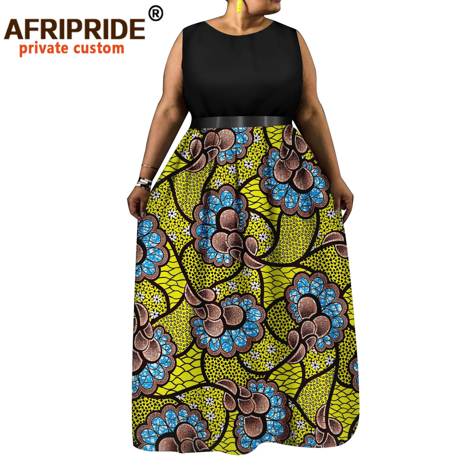 African Women's Plus Size Sleeveless Dress Vintage Patchwork Ankara Printed Cotton Loose Belt with Accessories Dress A2225136