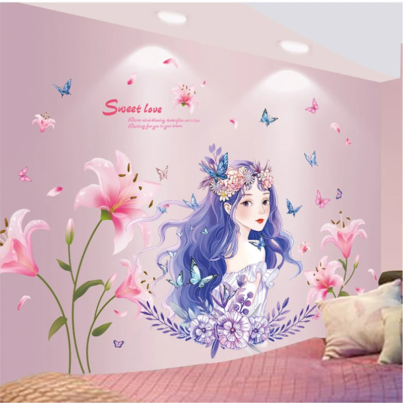 

Cartoon Girl Butterflies Wall Stickers DIY Flower Plants Mural Decor Decals for Baby Room Kids Bedroom Children Home Decoration