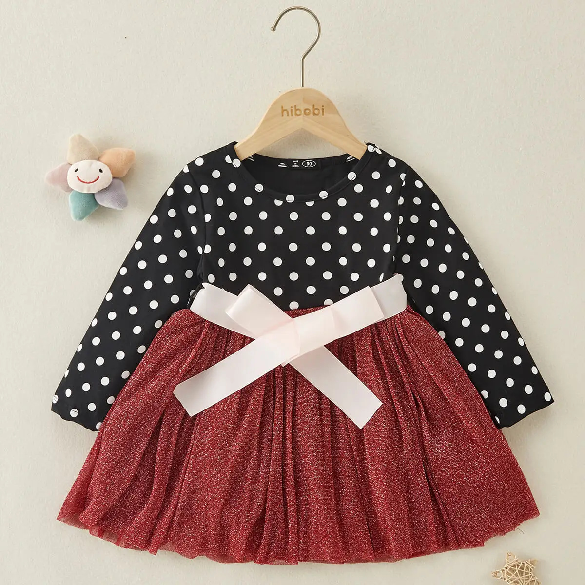 

hibobi 2022 New Arrival Kids Girls Sweet Dresses Polka Dot Patchwork Tulle Long Sleeves Mesh Dress for Children Girl