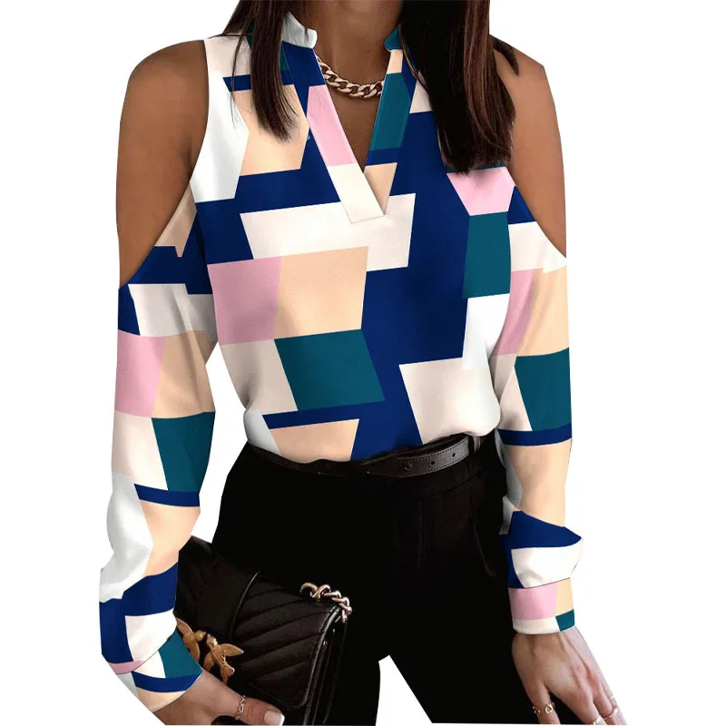 

Women's Off Shoulder Printed Top, V-neck Sleeved Shirt, Elegant Office Top, Spring, 2022