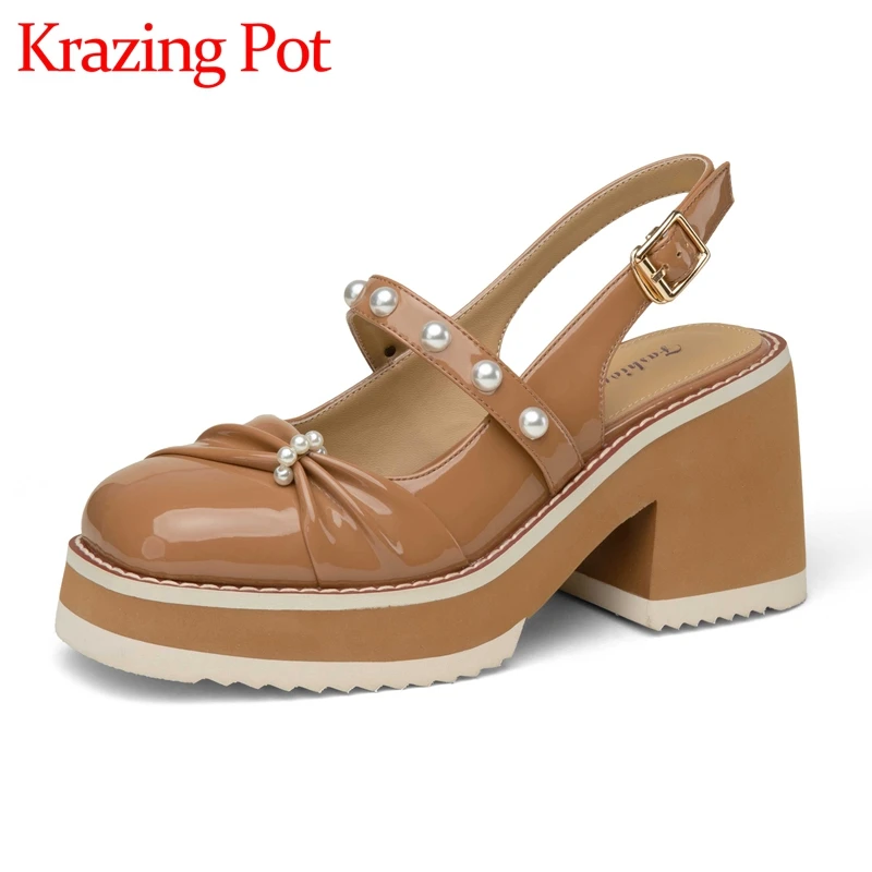 

Krazing pot sheep patent leather square toe super high heels platform pearl decorations slingback buckle strap women pumps L89