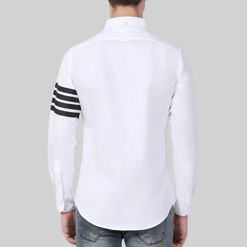 TB THOM Men's Shirt White Fashion Top Brand 4-Bar Navy Stripes Casual Oxford Fine Cotton Long Sleeve High Quality Women's Shirts
