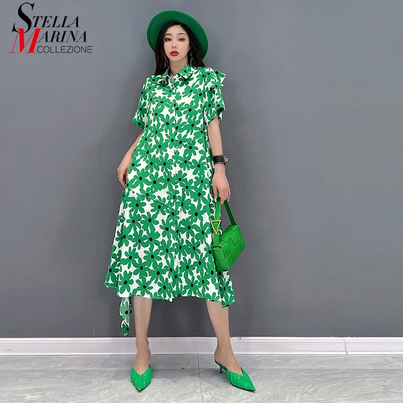 

New Korean Style Woman Summer Short-Sleeve Casual Green Floral Shirt Dress Loose Fit Big Size Casual Holiday Dress Robe APP038