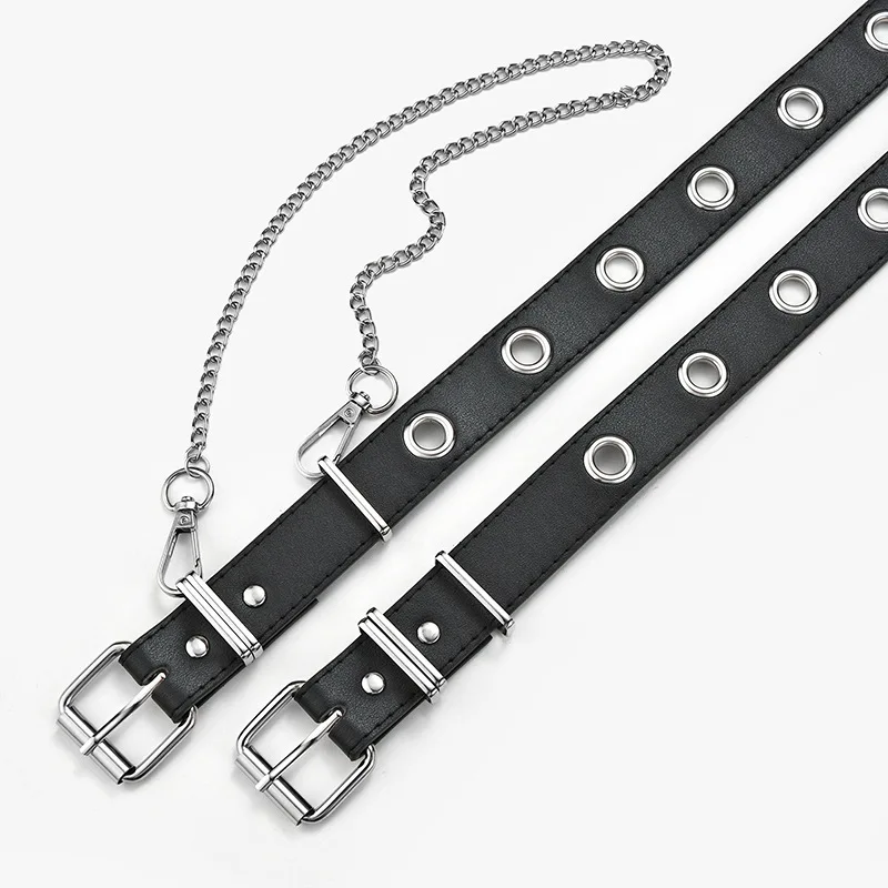 

Ladies Belts Punk Style Leather Waistband with Chain Fashion Hole Crocodile Pattern Belt All-Match Waistband