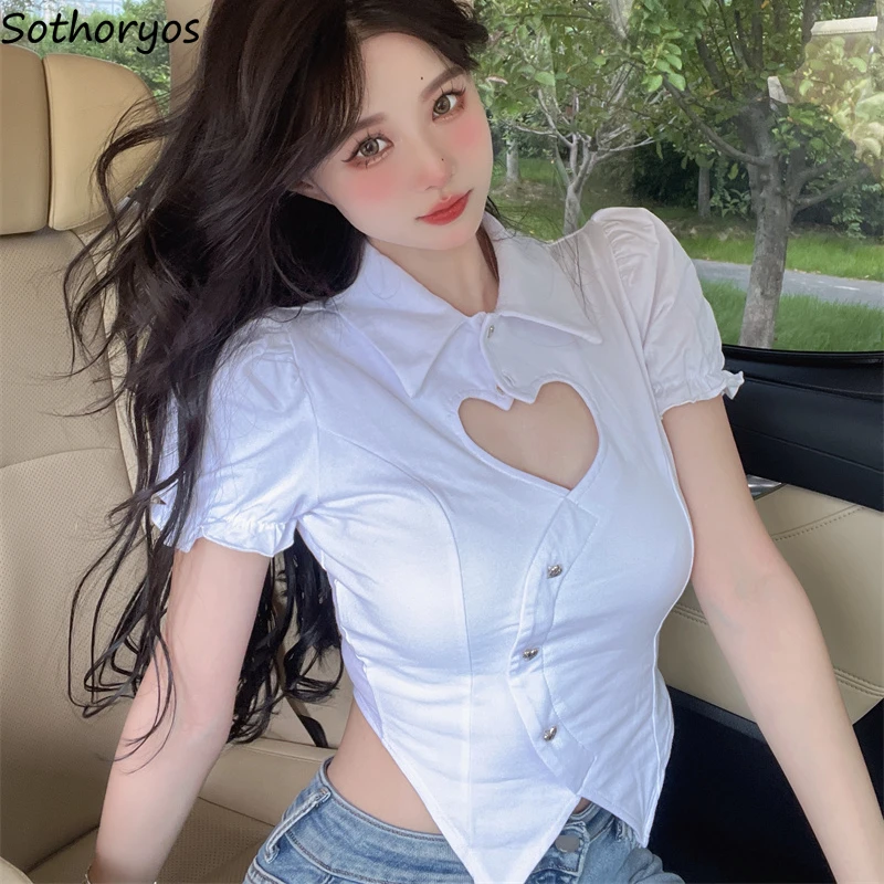 

Blouses Women Sexy Pure Hollow Out Slim Summer Ins Puff Sleeve Basic Blusas Feminino High Street Crops Casual Trendy Clothes Fit