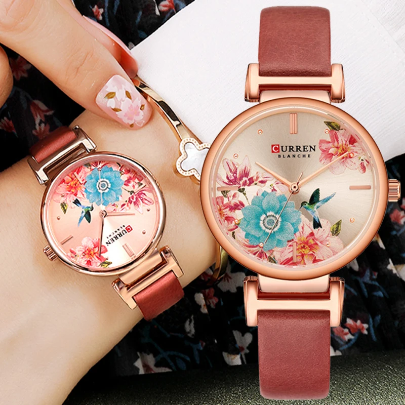 

Часы CURREN женские кварцевые с красивым цветочным дизайном, модные роскошные с кожаным ремешком
