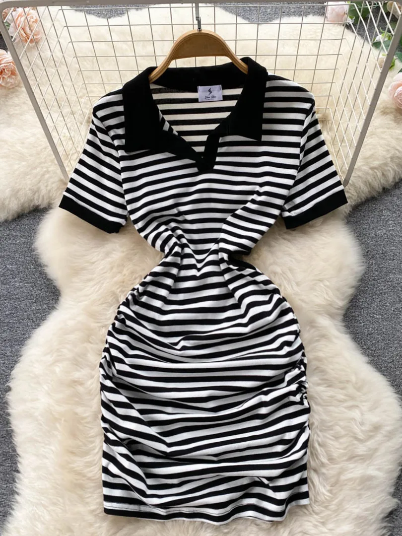

Платье-поло Foamlina женское в полоску, модное облегающее мини-платье с драпировкой и коротким рукавом, Повседневная Уличная одежда в Корейском...