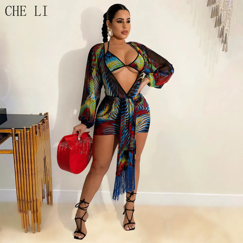 

Plus Size Summer Sexy Mesh Perspective Bikini Women Three-piece Beach Swimsuit Ladies High Waist Print Woman Clothes Swimwear