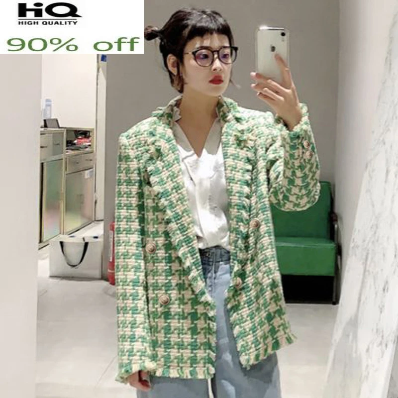 

Plaid Green Bohemia Spring/Autumn Women's Coat New Tweed Burrs Houndstooth Pattern Long-Sleeved Jacket