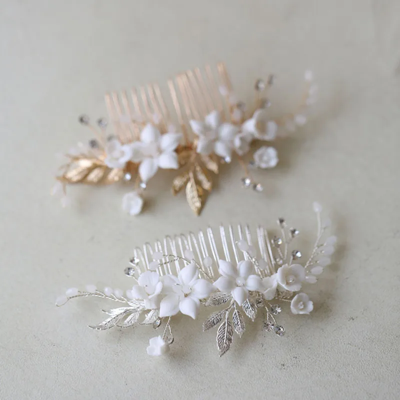 

Керамическая Свадебная расческа для волос с цветами и листьями, золотого и серебряного цвета, свадебные аксессуары ручной работы, женское у...