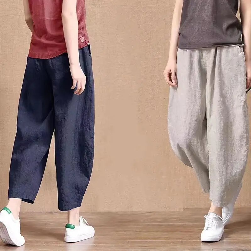 

Брюки женские хлопково-льняные однотонные, повседневные штаны до щиколотки, на шнуровке, с поясом, свободные, 5XL, весна-лето