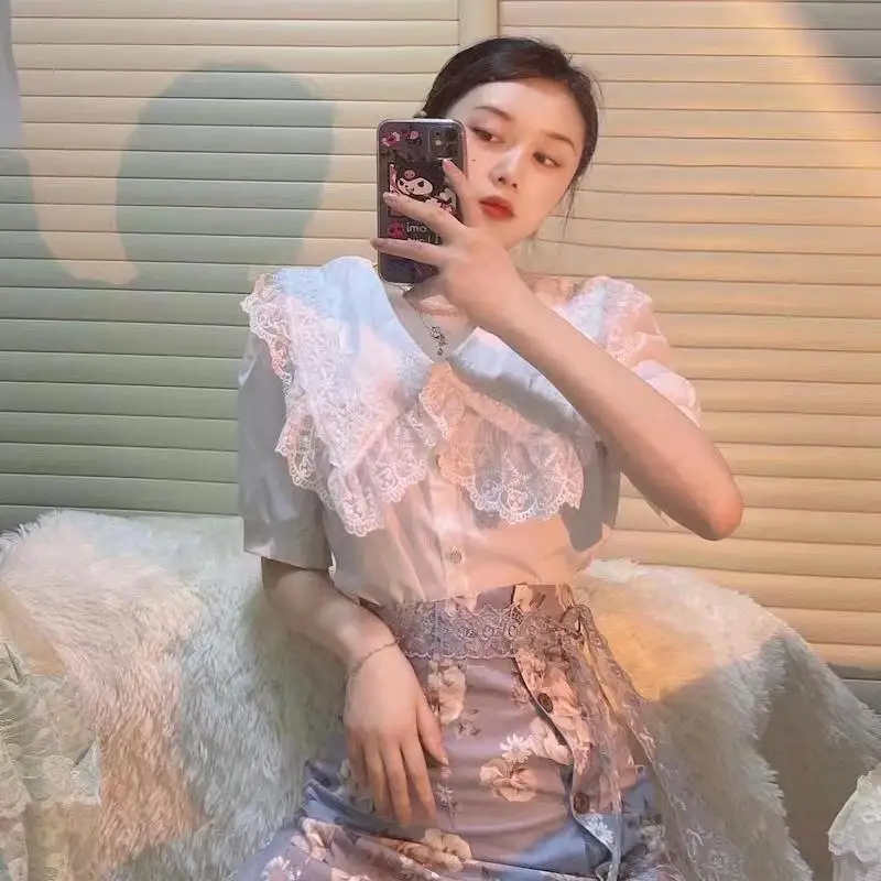 Женский костюм-двойка с кружевным воротником свободная блузка коротким рукавом