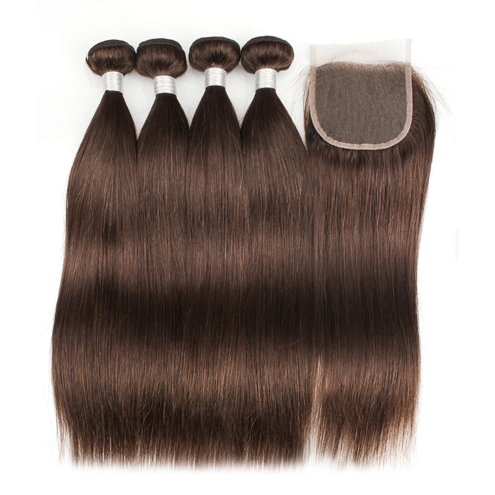 

Color 4 Straight 3 Bundles with Closure 4x4 Transparent Lace Brazilian Remy Human Hair Extensions 220g/set Testa Hair