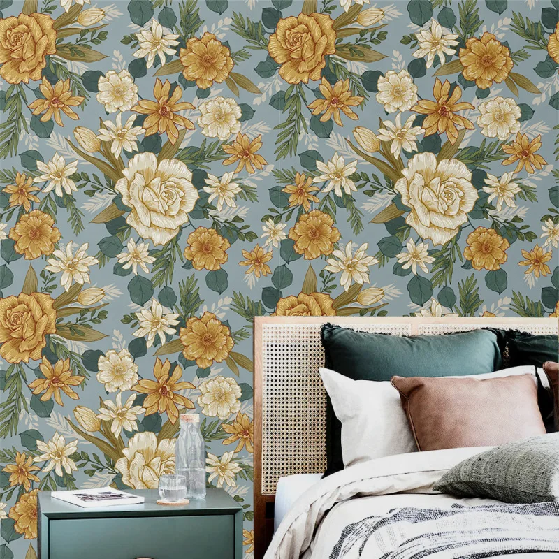 

Floral Peel and Pasted Vinyl Self-Adhesive Wallpapers Watercolor Rose Peony Wall Stickers Bedroom Living Room Wall Home Decor