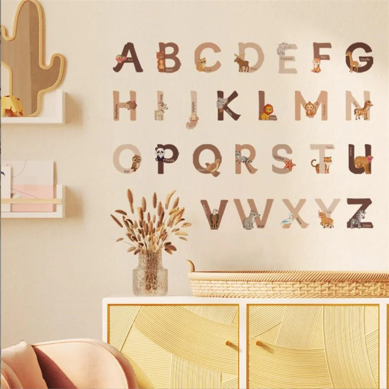 

Cartoon Animal 26 Letters Alphabet Animal Wall Stickers For Rooms For Kids Home Decoration Children Wall Decal Poster Mural