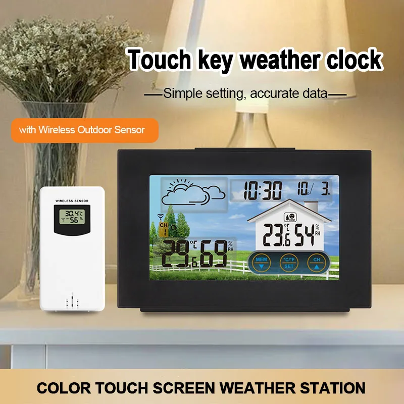 

Метеостанция с сенсорным экраном, измеритель температуры и влажности в помещении и на улице, с будильником и прогнозом погоды