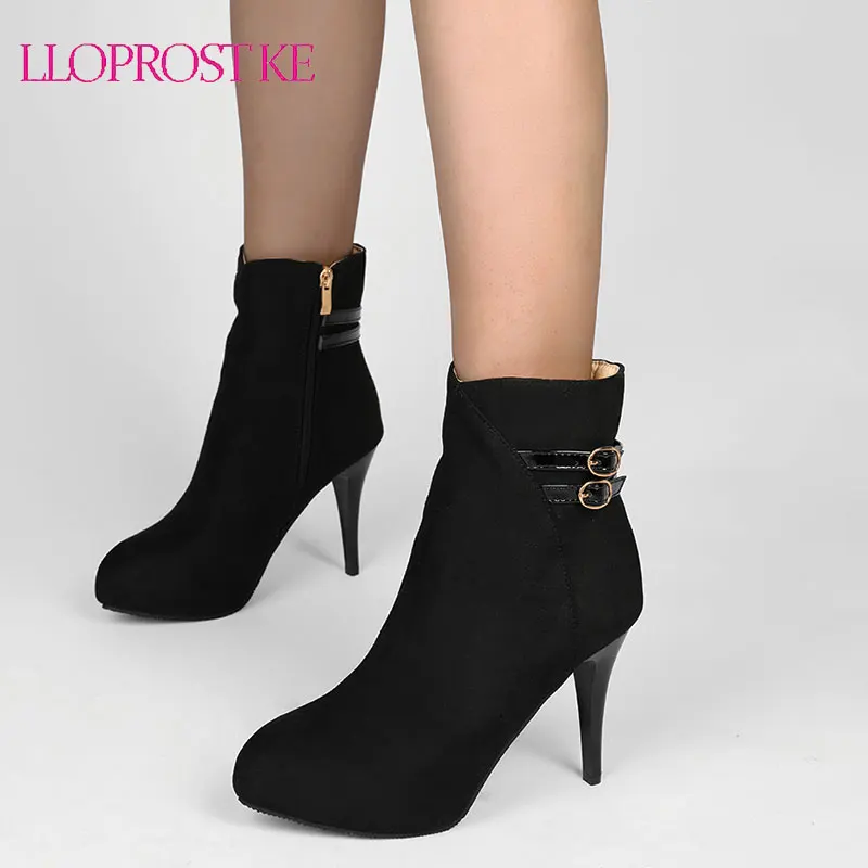 

Lloprost ke Size 32-50 Ankle Boots Women Concise Thin High Heels Booties 2022 Autumn Winter Zipper Flock Comfort Platform Shoes