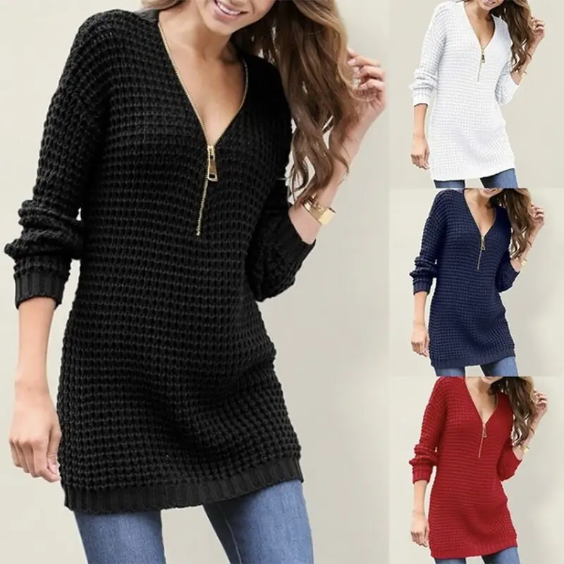 

New Autumn and Winter V-Neck Long Sleeve Knitwear Zipper Solid Sweater Dress