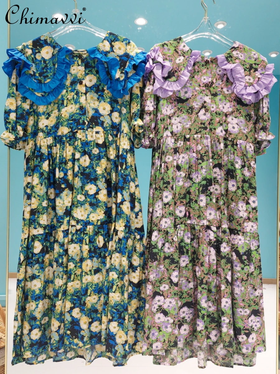 

Korean Fashion Loose Double Layer Fungus Lacework Doll Collar Midi Dress Elegant Printed Large Swing A- Line Dress 2022 Summer