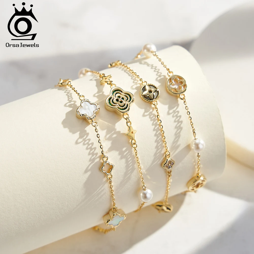 ORSA JEWELS Стерлингового Серебра 925 Черный Браслет Ракушки Цирконий Четырехлистный