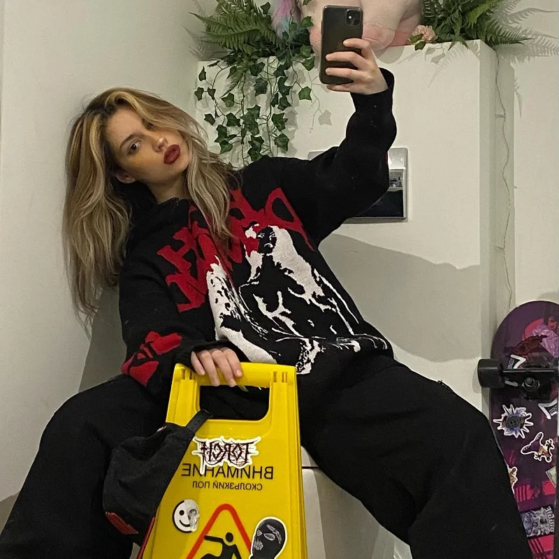 

Y2K Punk Gothic Harajuku Relaxed Casual Men's Zipper Cardigan Hooded Long Sleeve Knitted Sweater Top Women's Sweater Oversize