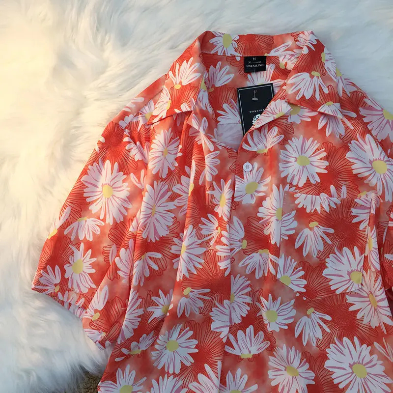 

Женская рубашка с коротким рукавом и принтом ромашки, свободная гавайская рубашка в гонконгском стиле с цветами для пар, летняя рубашка на пуговицах, 2022