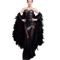 sparkling rhinestones women batwing sleeve fashion dresses black feather long tailing dresses nightclub singer dance costumes