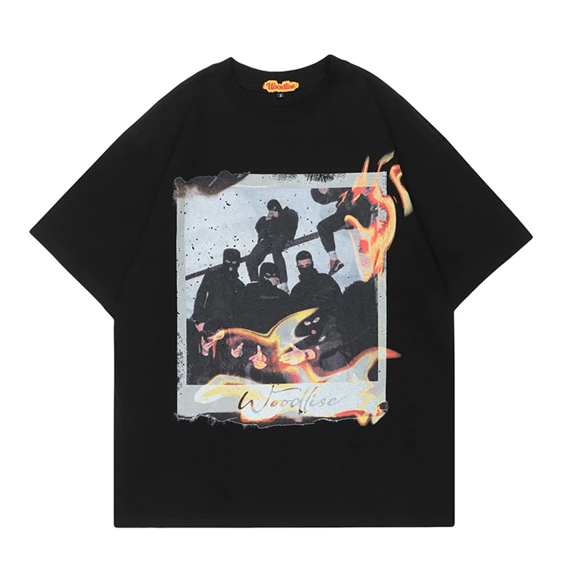 

2023 Men Hip Hop Streetwear Retro T Shirts Flame Character Print Tshirt Cotton T-Shirt Short Sleeve Racing Style Tops Tees New