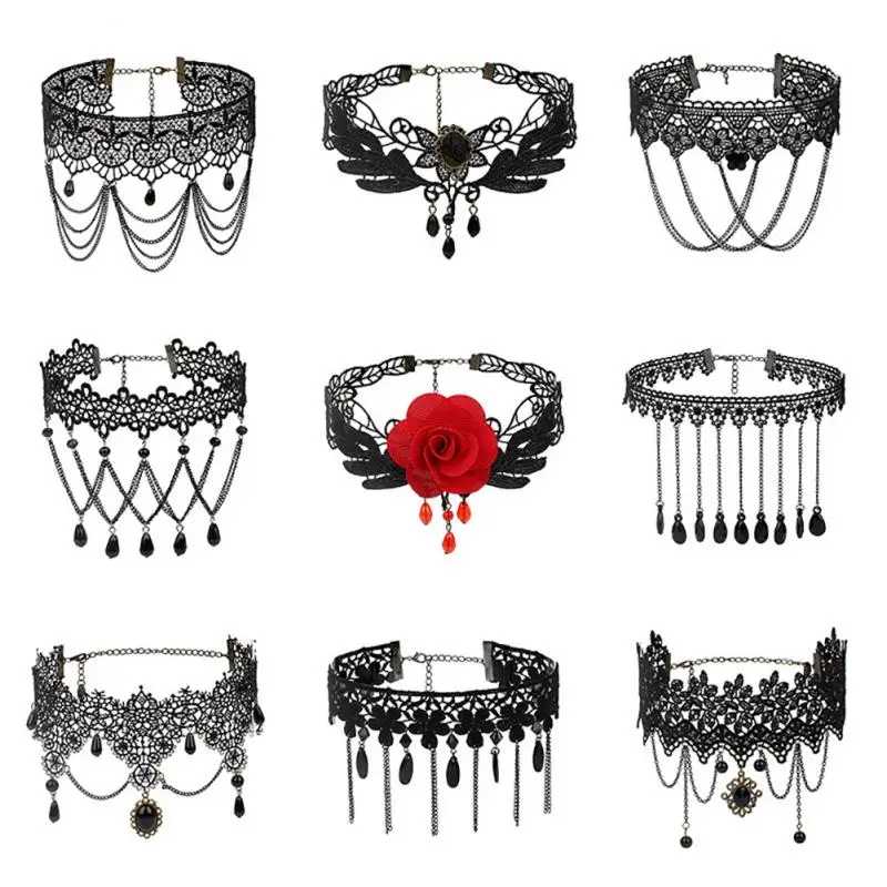 

Gothic Lolita Vintage Necklace Multi-layer Fringed Lace Collar Black Dark Choker Clavicle Chain Women Wedding Jewelry