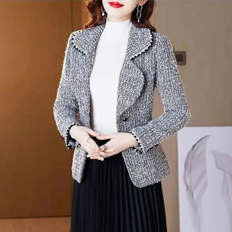 

2022 New Coarse Textile Woven Woolen Blazers Small Jacket Women Autumn Winter Fashion Slim Suit Coat Lady Outerwear Blazers Tops