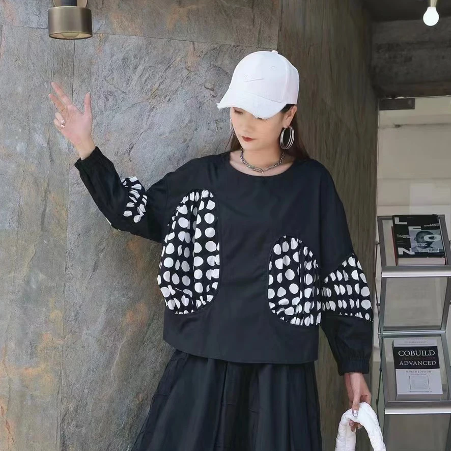 

220832 Women T-shirt Autumn New Fashion Patchwork Dot Round Neck Loose Full Sleeve Big Size Pullover Tops Tide