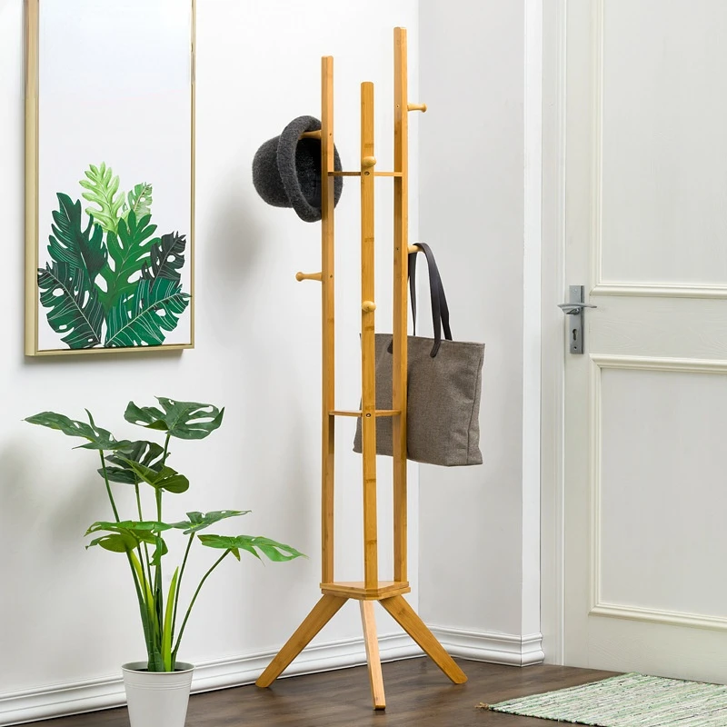 

Multifunctional Standing Coat Rack Bamboo Material Storage Rack Partition Storage Hanger For Bags Triangle Design Coat Stand