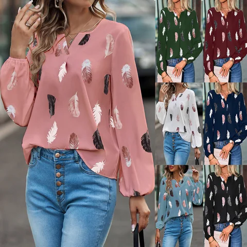 2023 New Spring Women Feather Printed Blouse Pink White V Neck Long Sleeve Loose Tops Ladies Fall Casual Blouses Blusas Mujer