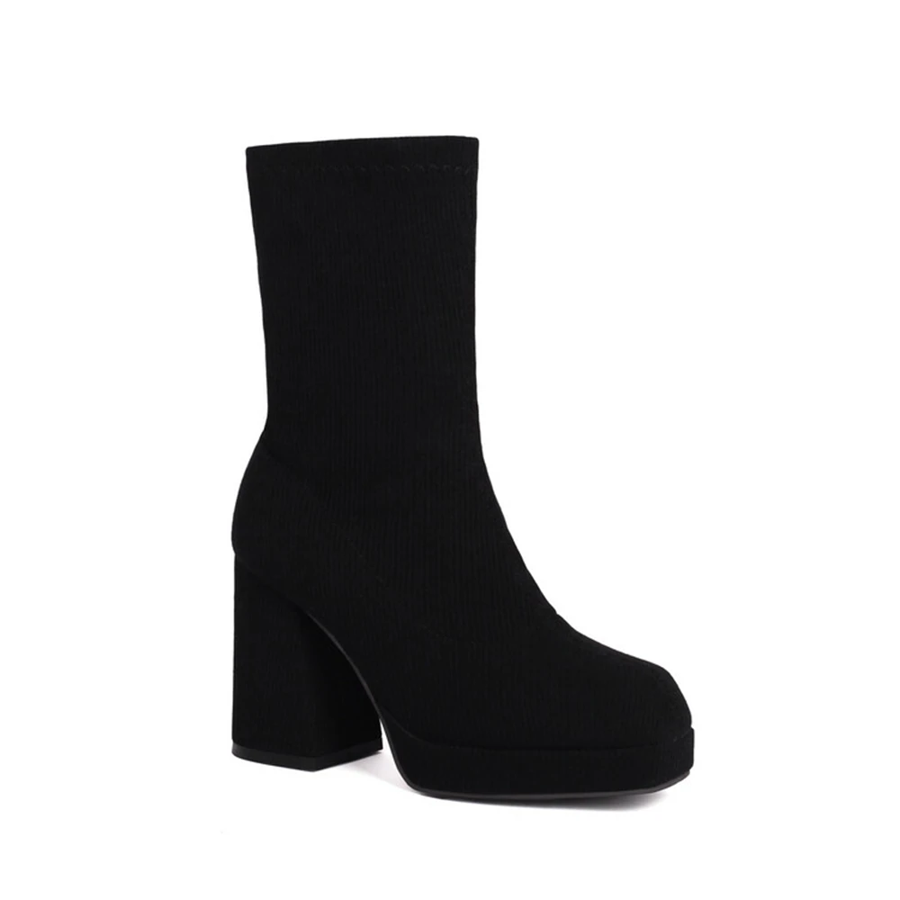 Женские эластичные ботинки на платформе черные толстом высоком каблуке большой