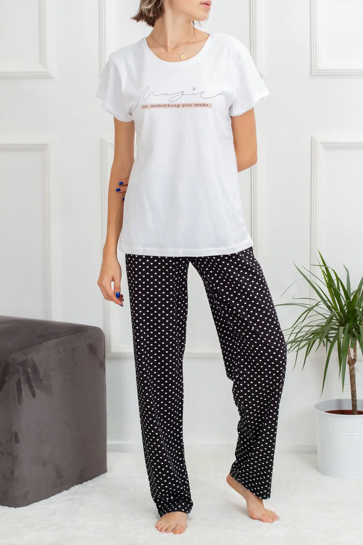 

Women's Pajamas White Black Heart Pattern Cotton Short Sleeve Sleep Lounge Pajamas Nightwear Sleepwear Night Suit