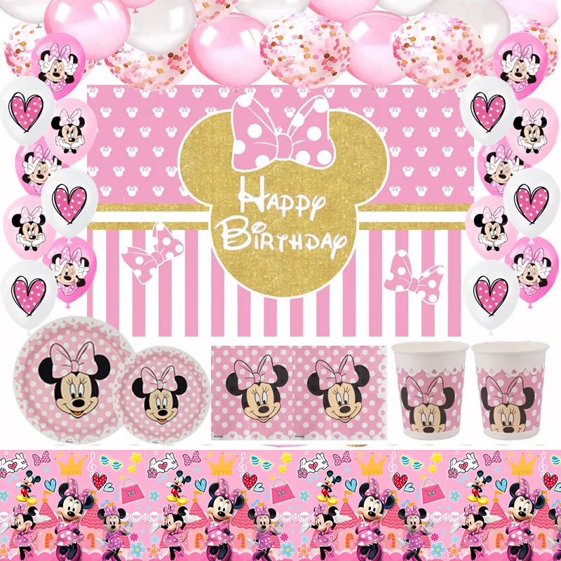 Vaisselle jetable Minnie Mouse pour filles  assiette en papier  tasse  paille  serviette